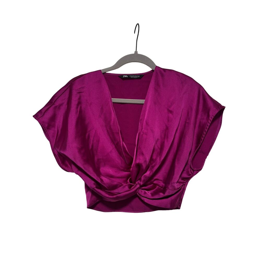 ZARA Magenta Satin Twist Front Crop Top S - Picture 2 of 8